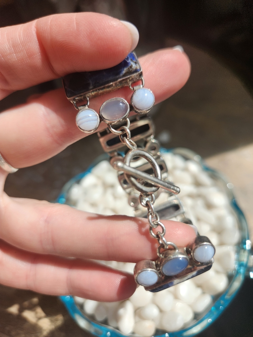 Vintage 925 PB Sterling Silver Blue Sodalite And Chalcedony Link Bracelet - Picture 5 of 9